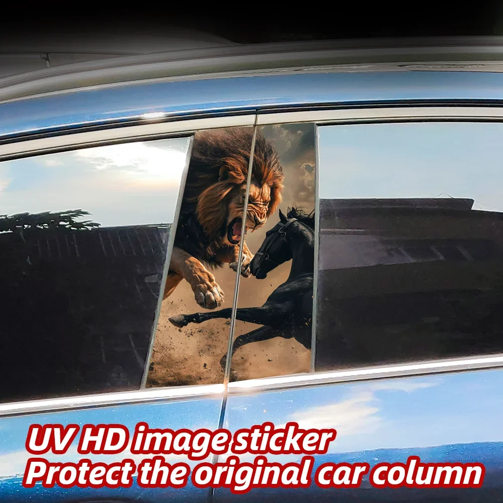 

Lion & Horse Battle Car Stickers Auto B Pillar Waterproof Sunscreen Decor Cover Car Doors Pillar Sunscreen Decals Accessories