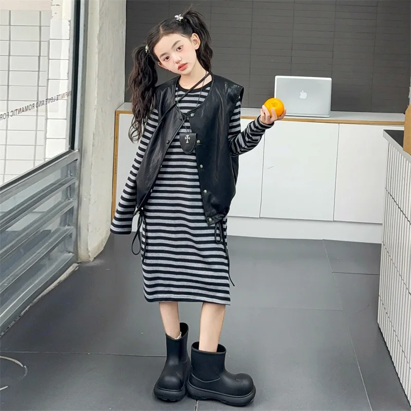 

Girls Clothes Suits 2025 Spring Autumn Children's Leather Vest + Set Striped Dress 2Pcs Set Stylish College Style Kids Outfits