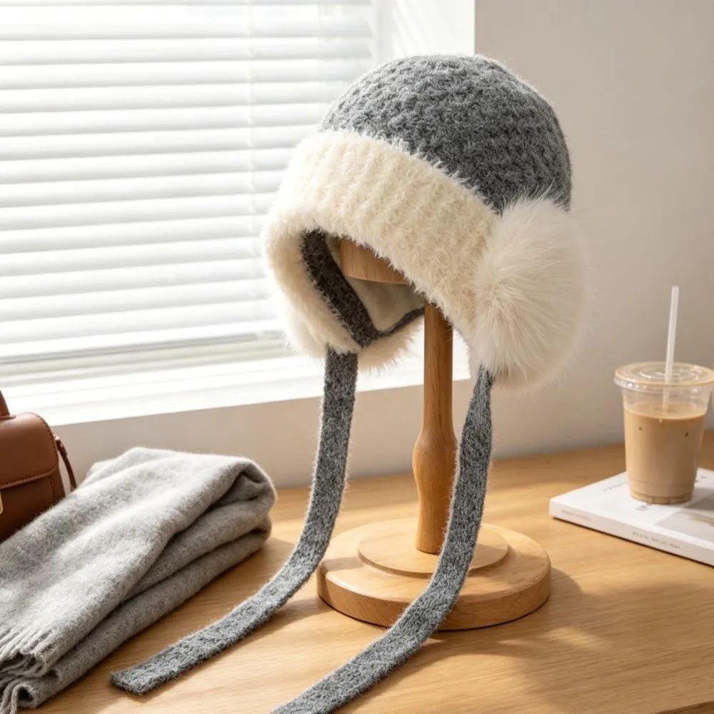 Faux Fur Trim Winter Beanie Hat Ribbed Brim Braided Ties Earflap Beanie Hat Cozy Chunky Knit Ear Protection Peruvian Hat