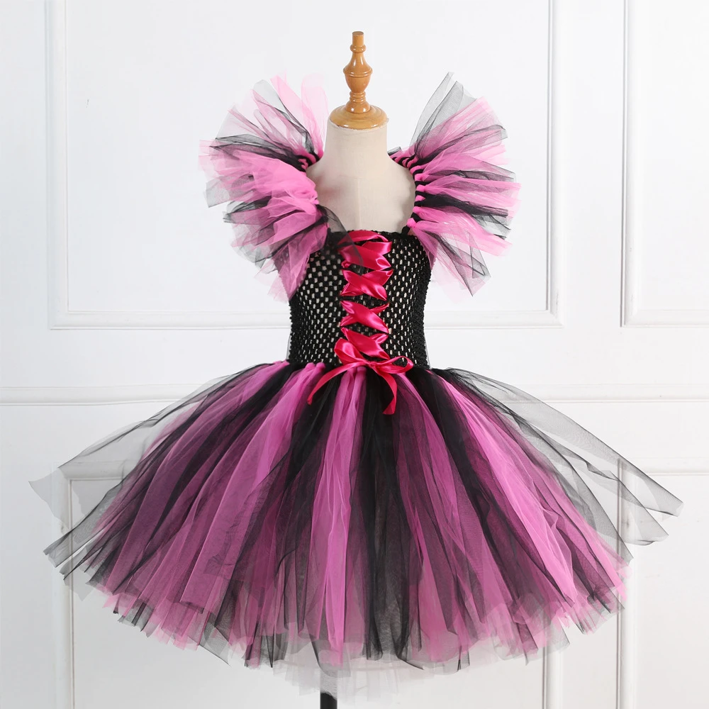 Halloween Luminous Girl Witch Cosplay Costume Festive Evening Party Purple Rose LED Light Tulle Tutu Dress Kids Vampire Dress Up