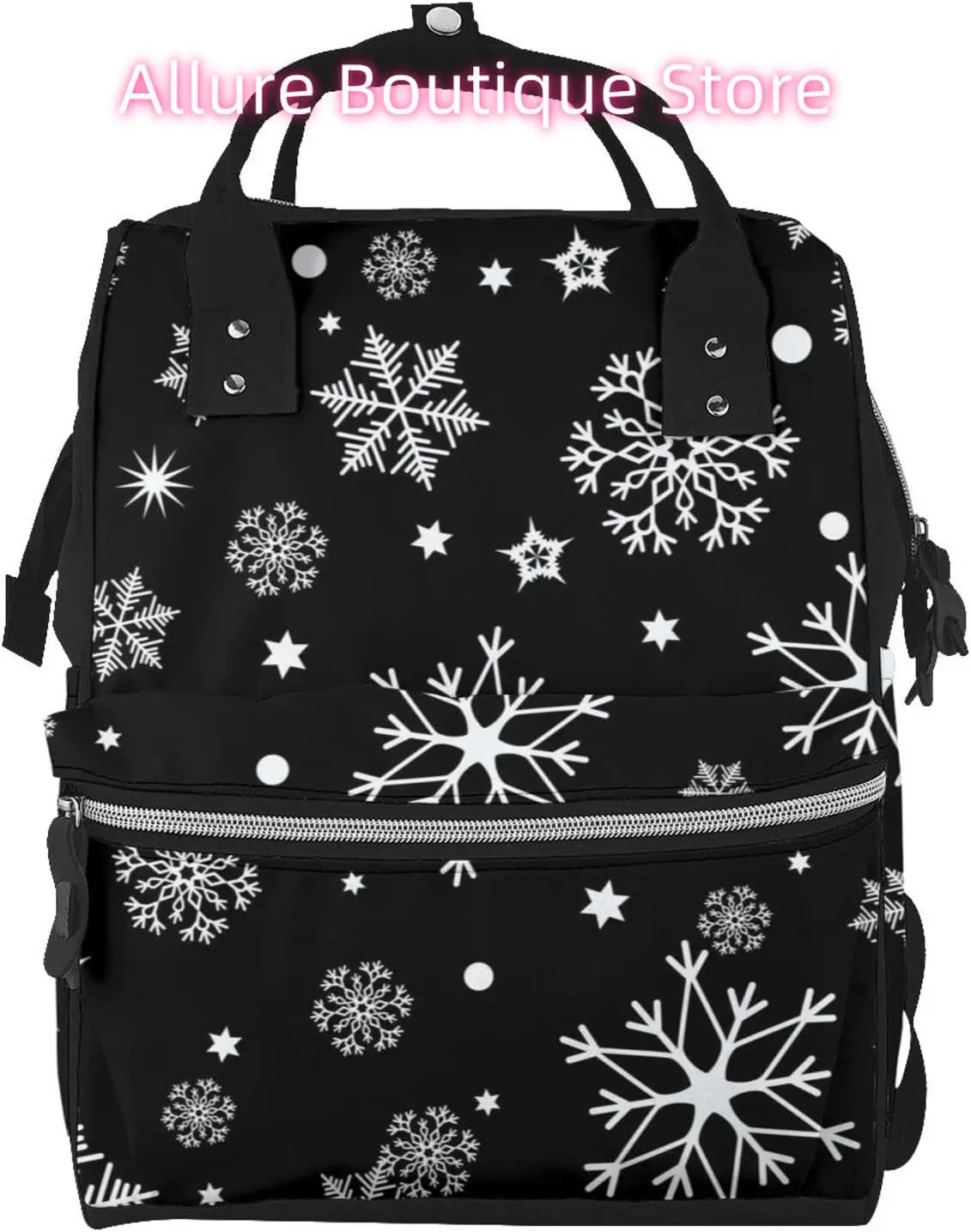 

White Christmas Snowflakes Diaper Bag Backpack for Women Large Capacity Nappy Bag Multifunction Waterproof Mummy Backpacks for M