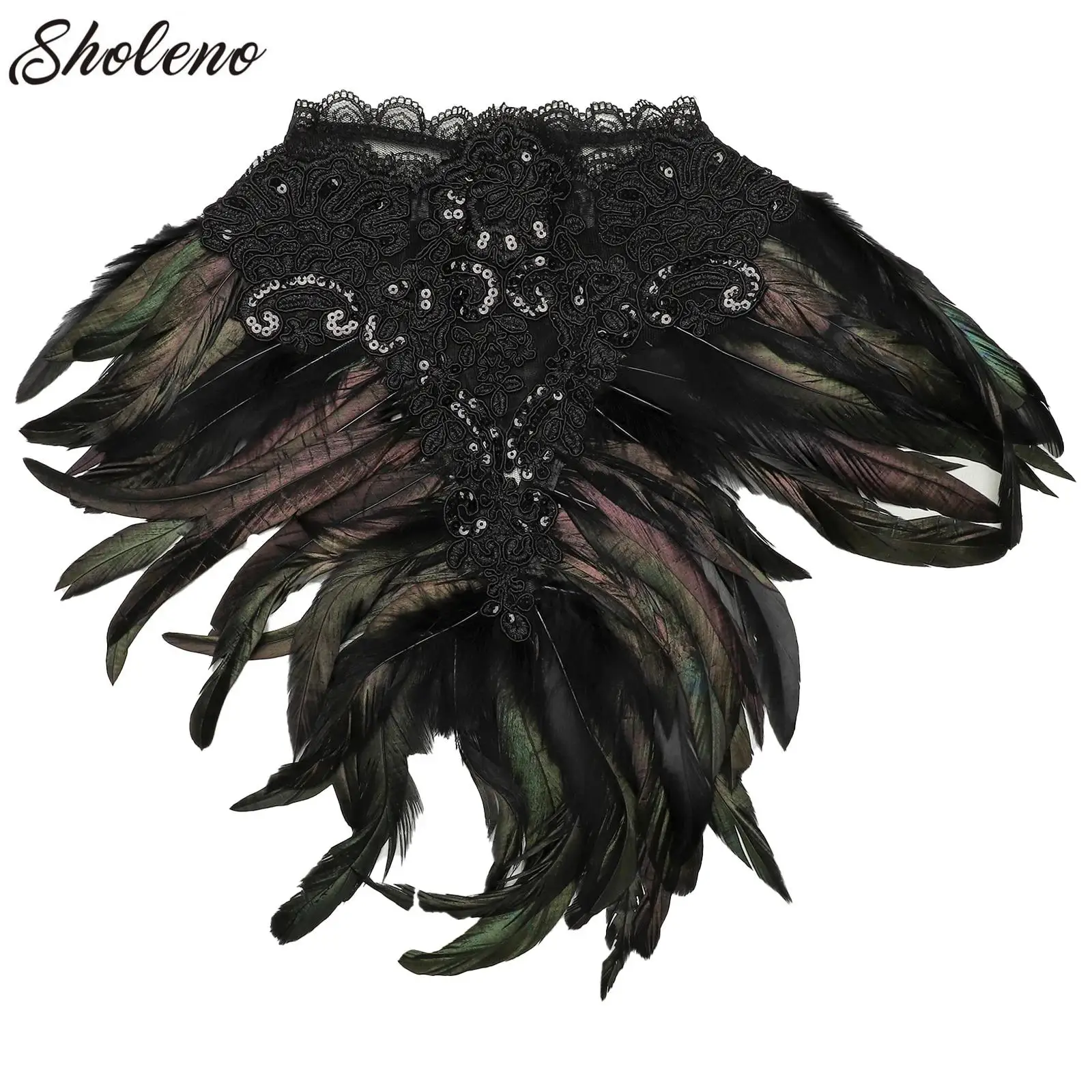 Women Feather Cape Movie Theme Costume Props Gothic Lace Shawl Shrug Collar Feather Cape Halloween Cosplay Christmas Party