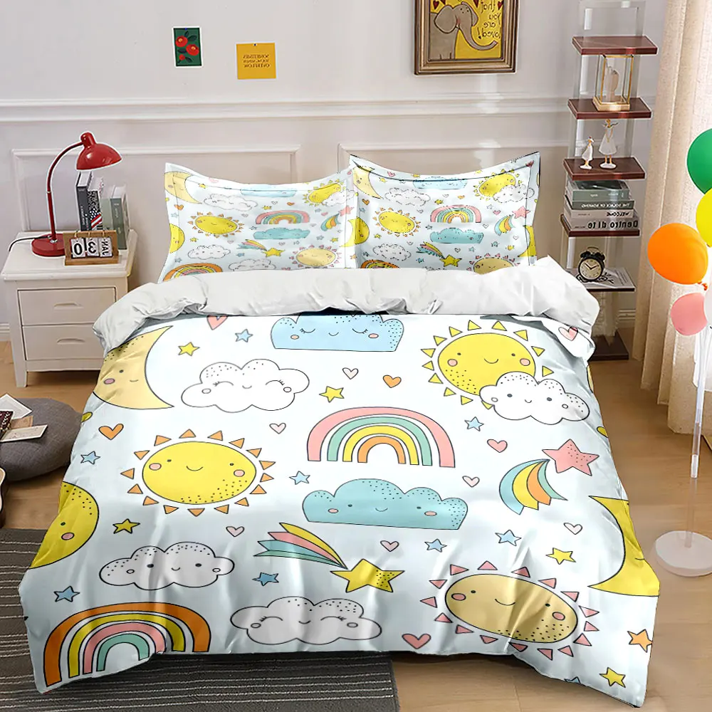 Cartoon sun rainbow cloud background Printed Duvet Cover Set 1 Duvet Cover+2 Pillowcase Multi Size Bedroom Bedding Decoration