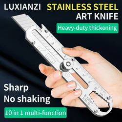 LUXIANZI 10 IN 1 Stainless steel Knife Retractable Waterproof Outdoor Camping Tool Multifunctional Utility Cutter Knife Blades