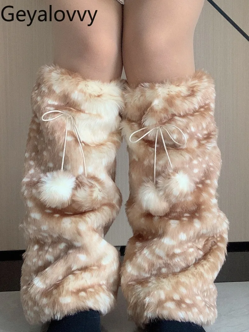 

Christmas Warm Leg Warmers Autumn Winter New Sweet Girls Versatile Pattern JK College Style Student Fleece Mid-Calf Sock Covers