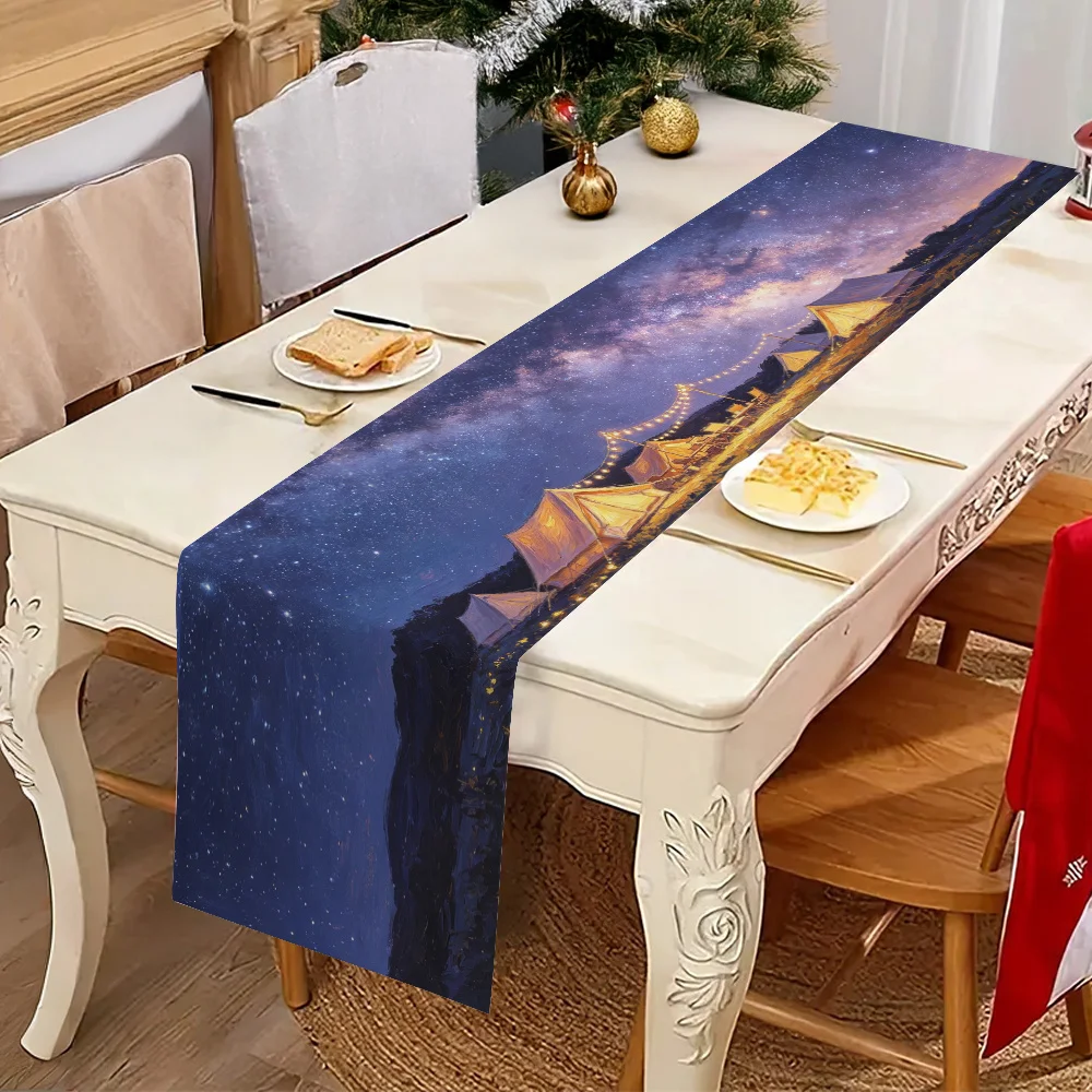 1 Piece of Starry Sky Camping Tent Pattern Table Runner, Suitable for Farmhouse, Indoor, Kitchen, Celebrations, Table Decoration, Restaurant and Banquet Decoration Supplies