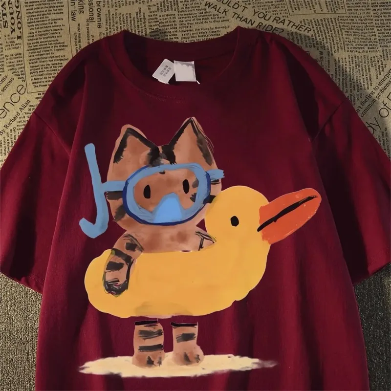 Funny Snorkeling  with Duck Float Print Crew Neck T-Shirt Men Women Casual Loose Short Sleeve Cotton Tee Tops