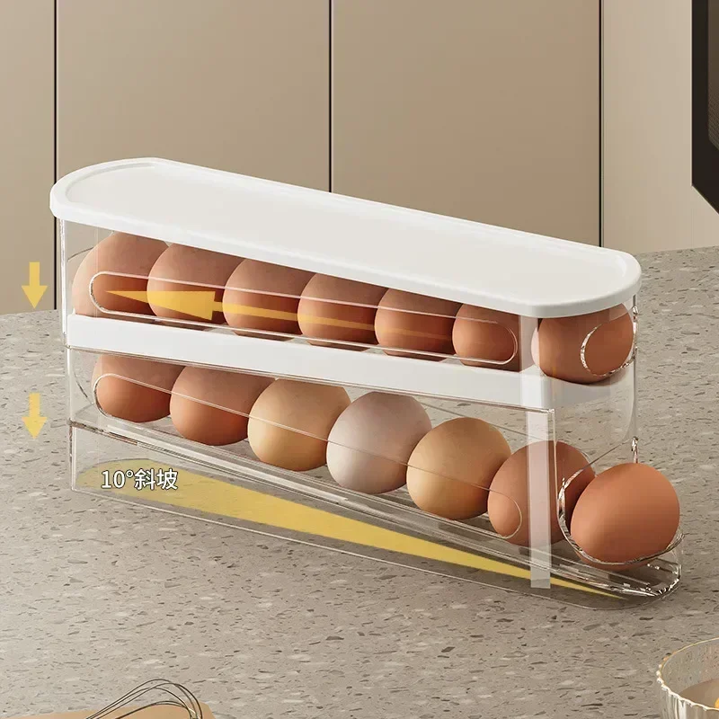 Bilayer Fridge Egg Storage Box Ladder Style Automatic Rolling Egg Holder Rack Refrigerator Dispenser Egg Organizer
