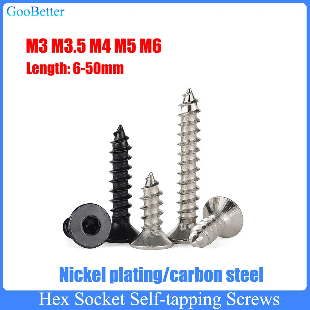 

10-50Pcs Hex Socket Flat Computer Laptop Screws M3 M3.5 M4 M5 M6 Carbon Steel Countersunk Head Self-tapping Screw Bolts