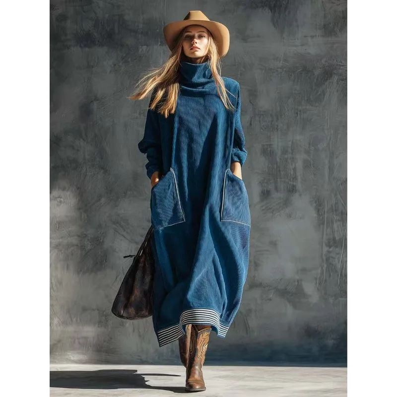 Women's Vintage Blue Ribbed Knit Dress Bohemian Turtleneck Oversized Casual Long Dress with Pockets view 5