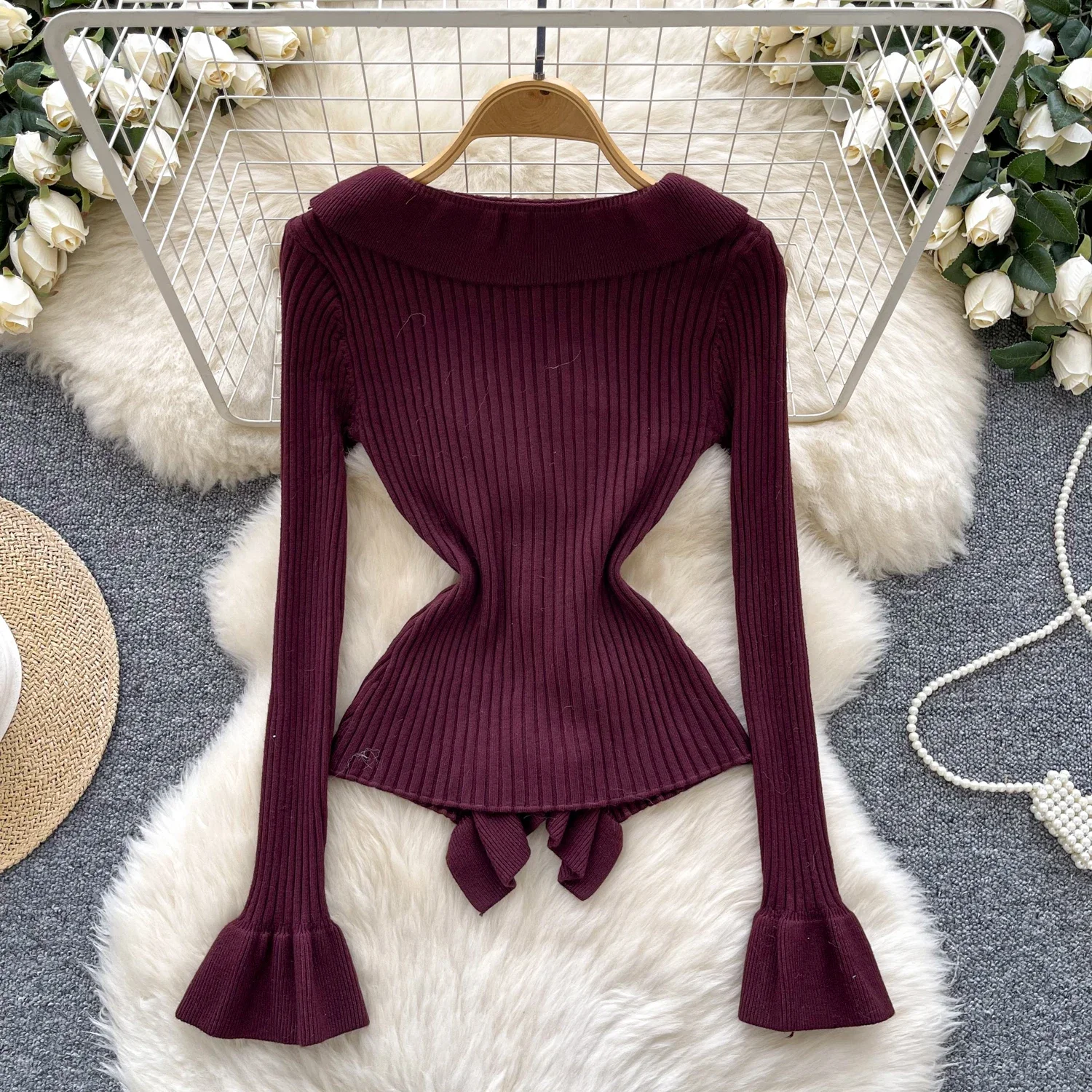 Vintage V-neck Elegant Ruffles Buttons Chic Long Flare Sleeve Slim Knitted Top Korean Fashion Streetwear High Street Clothing