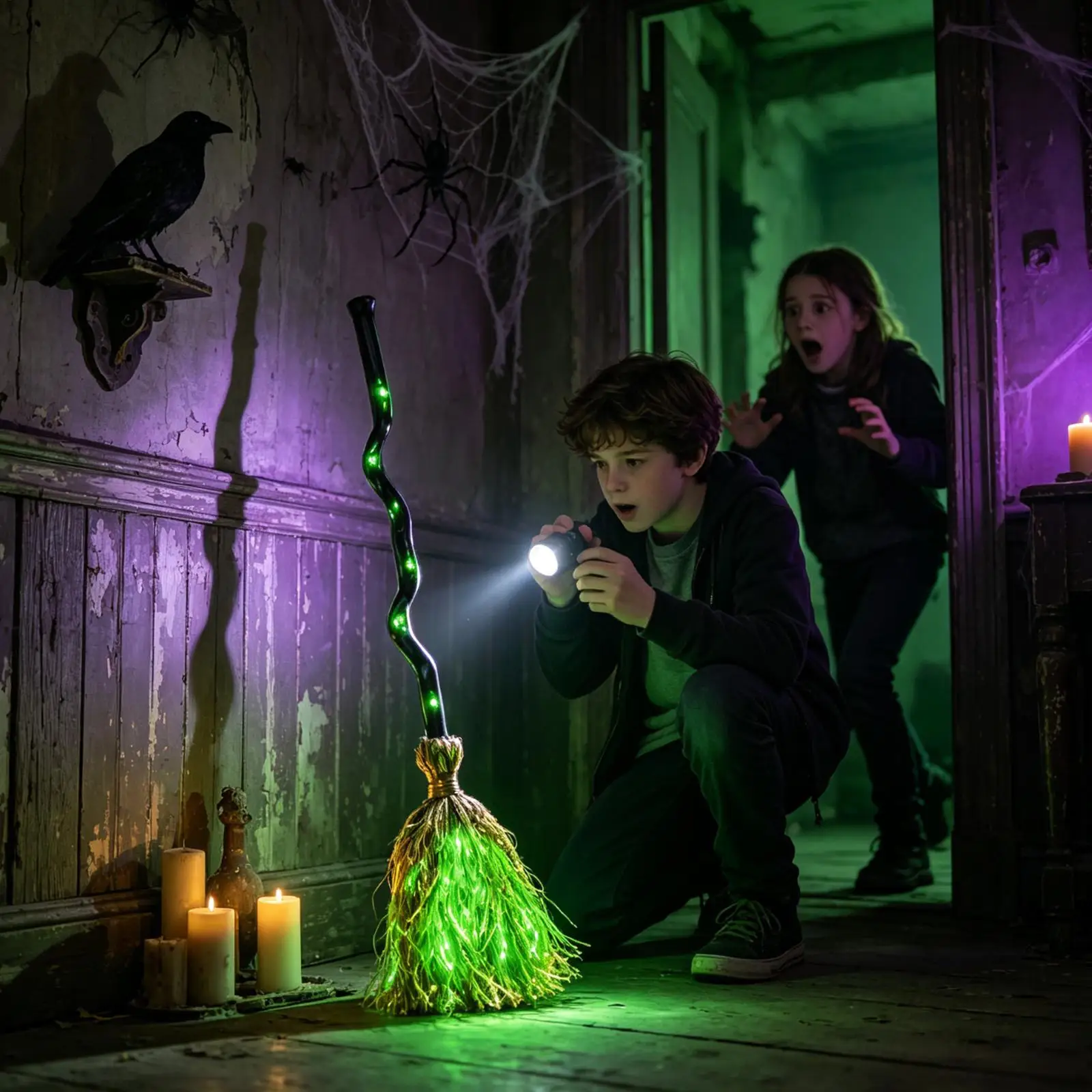 Glowing Witch Broom with Sound Effects Auto Bouncing for Haunted House Escape Room Party Gift Decoration Indoor Celebration