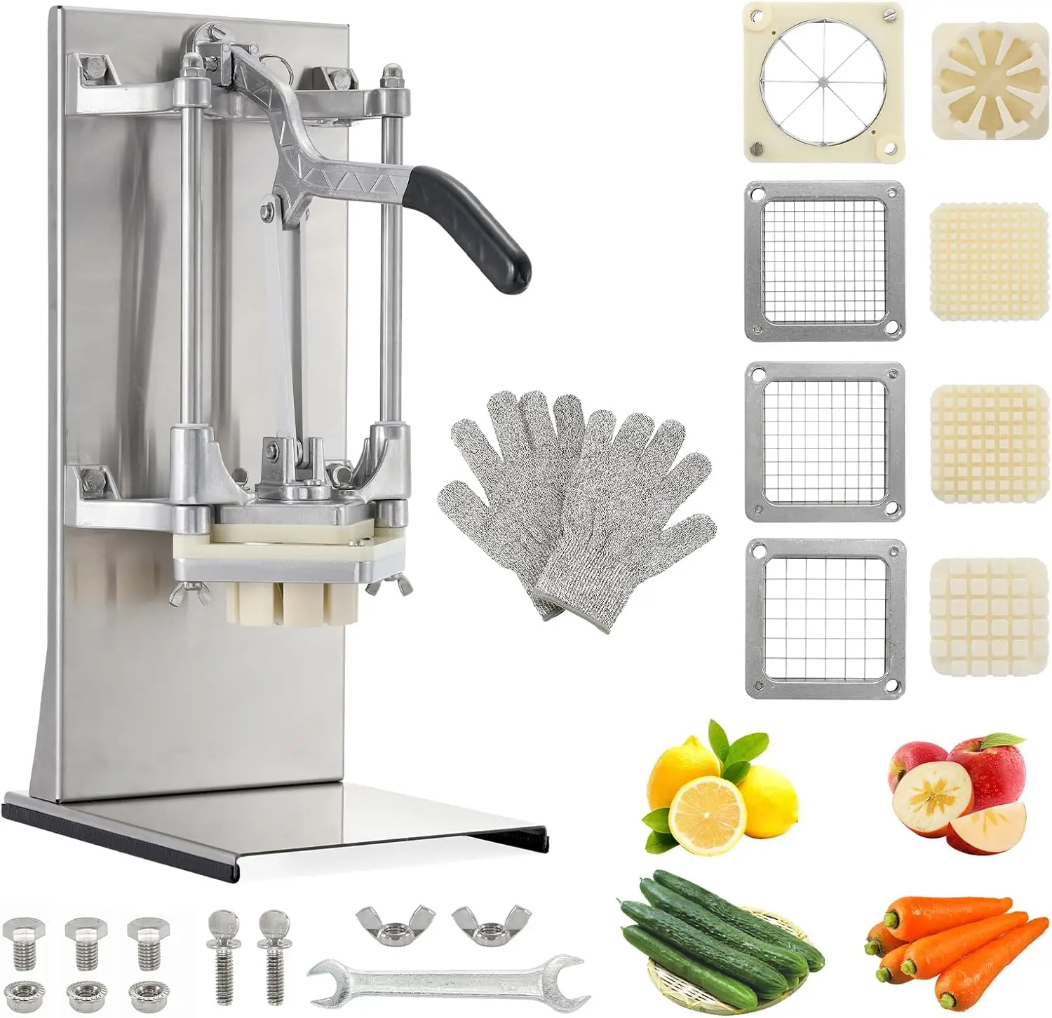 

4-in-1 Commercial French Fry Cutter & Vegetable Chopper - Stainless Steel with Extended Handle - Includes 4 Blades
