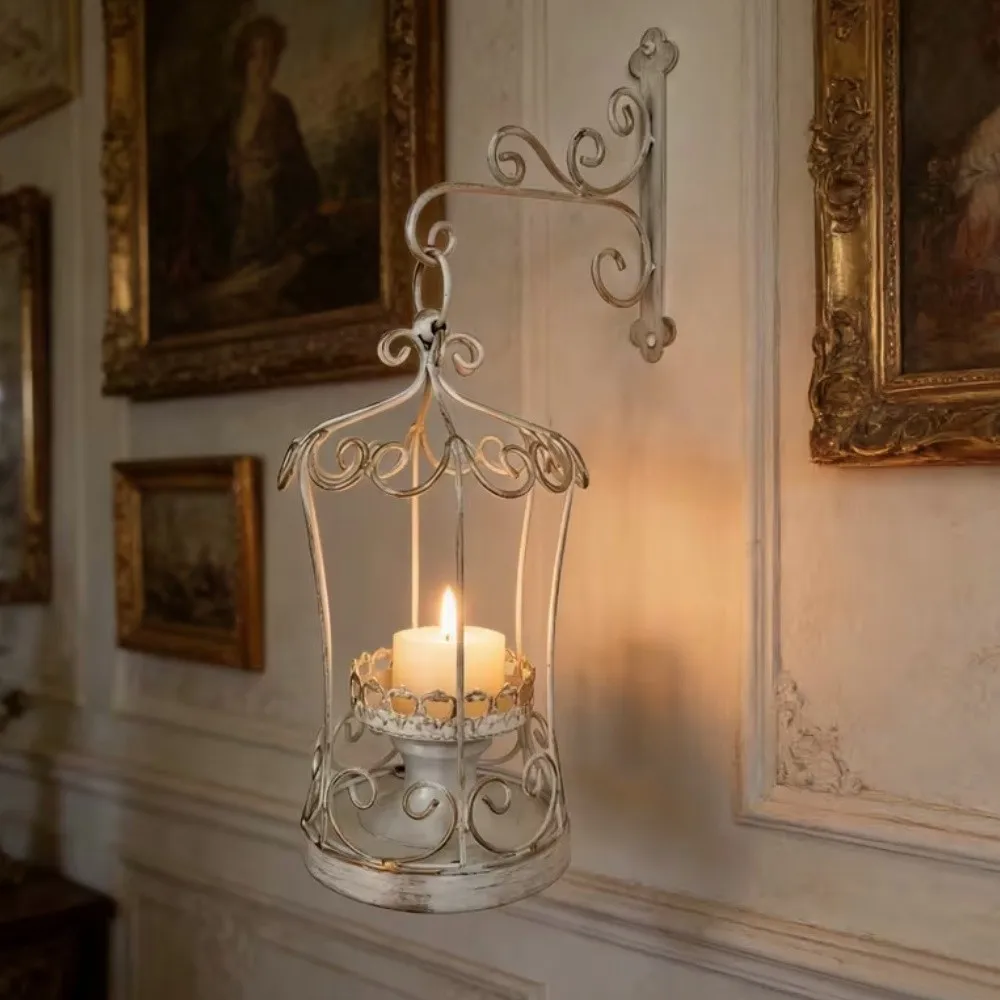 Retro Birdcage Shape Candle Holder Rustic European Style Hanging Candlesticks Hollow Out Wall-Mounted Candle Holders Garden