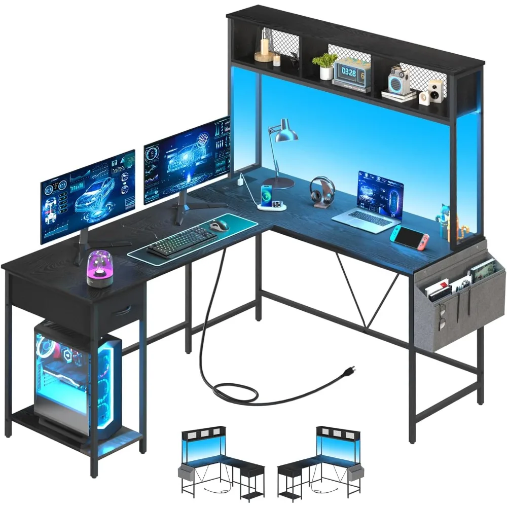 

L Shaped Desk Gaming Desk with LED Strip & Power Outlet, Reversible L-Shaped Computer Desk with Storage Shelf & Drawer,