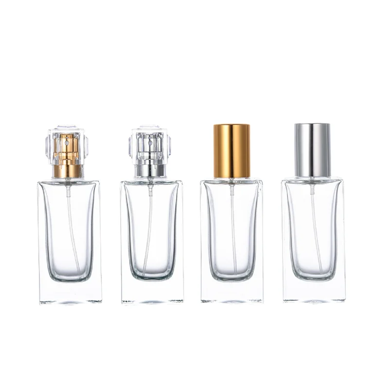 

10Pcs Glass Bottle Empty Glass Square Shape 50ml Gold Silver Spray Pump With Lid Portable Refillable Cosmetic Glass Vials