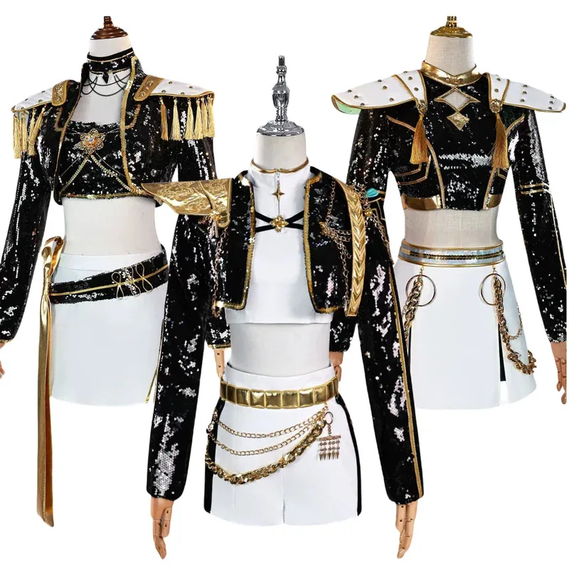 Новый аниме-фильмы Охотники Руми Мира Зои Косплей Костюм Концерт Черное пальто Короткая юбка Униформа Полный комплект Парик Женский сексуальный костюм; 2 '