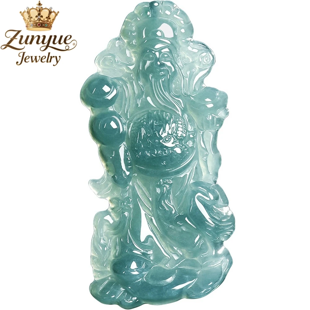 Genuine Natural A-Grade Jadeite Blue Water Welcoming Fortune And God Of Wealth Pendant Ethnic Style Fashion Jewelry Holiday Gift