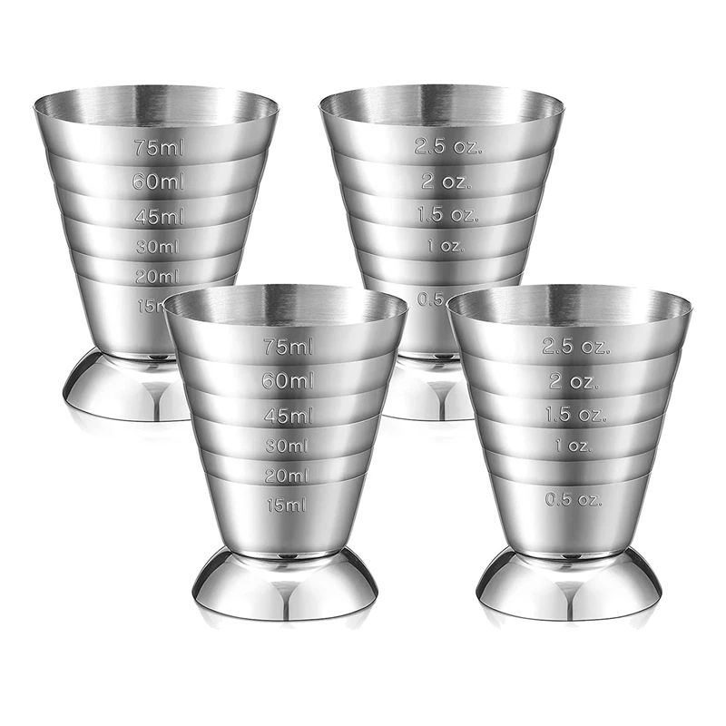 4 Pieces Cocktail Measuring Cups Stainless Steel Cocktail Jiggers 2.5 Oz,75 Ml,5 Tbsp Drink Jiggers For Bartender Bakers