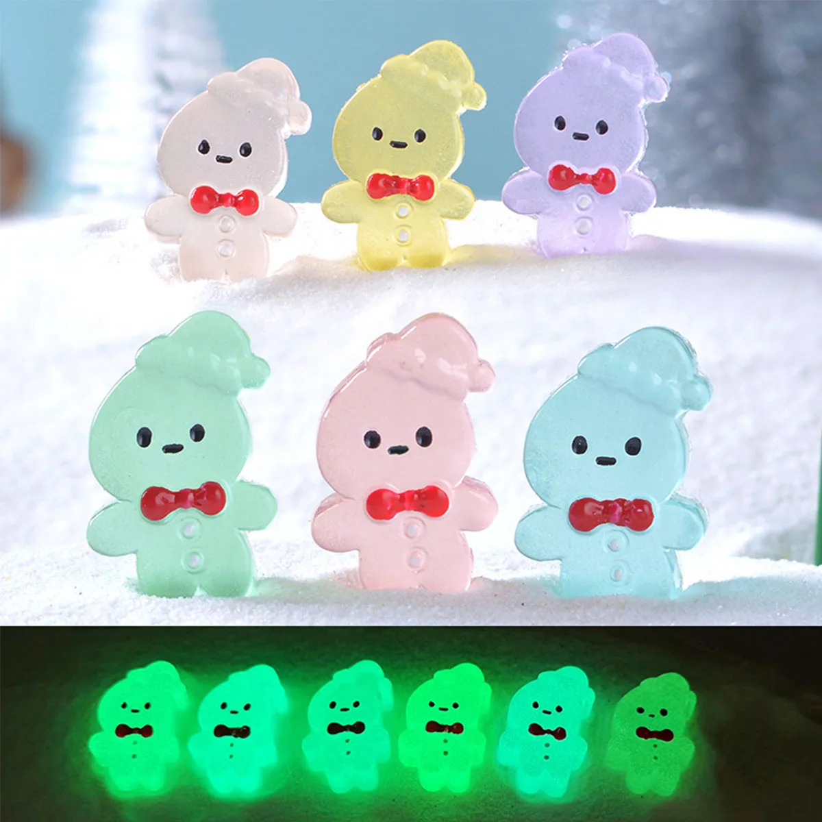 10/20PCS Resin Glow Gingerbread Man Figurines Luminous Xmas Decor With Santa Hat For Fairy Garden Winter Gift