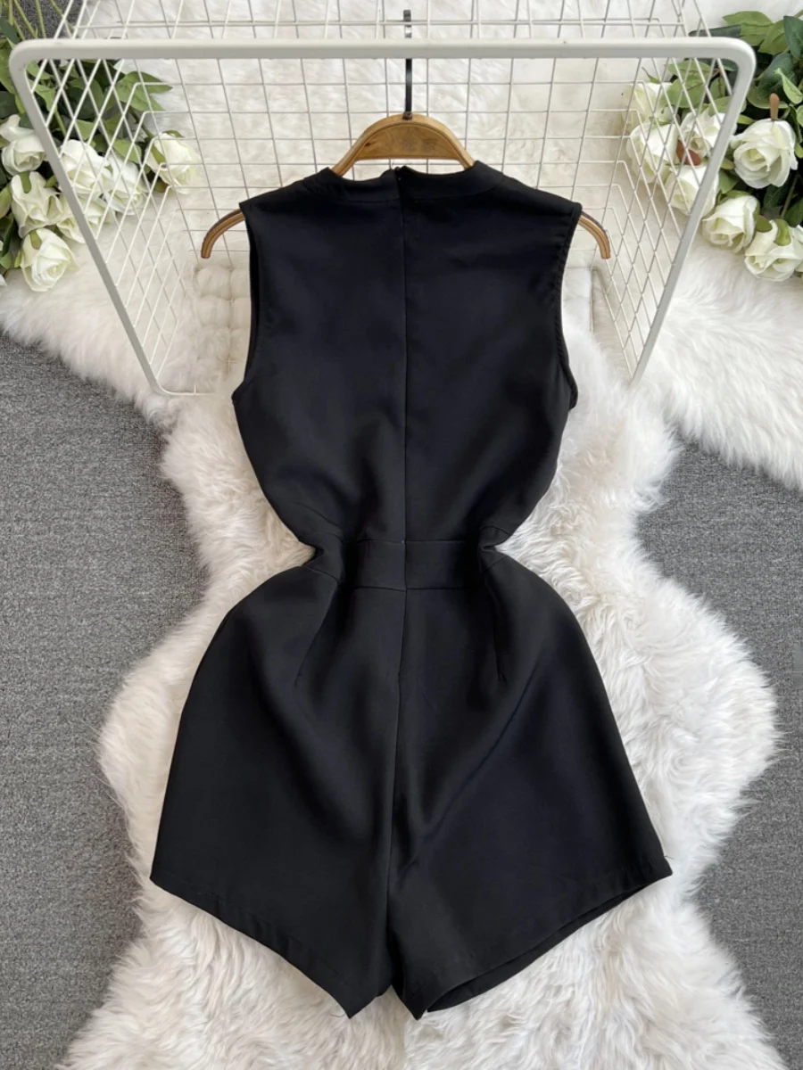 Foamlina Summer Women Black Playsuits 2024 New Elegant Stand Collar Sleeveless High Waist Wide Leg Short Pants One Piece Outfits