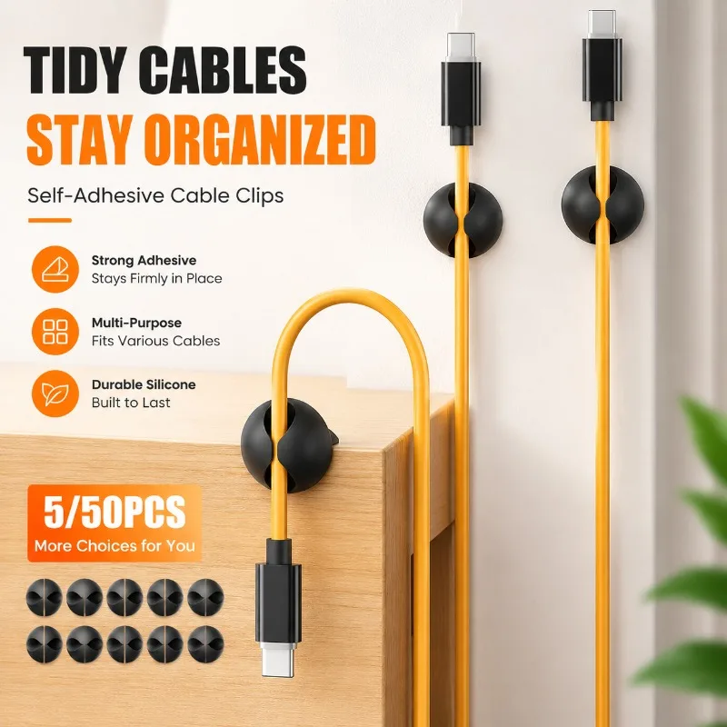 Self-Adhesive Desktop Cable Clips,Wire Management Cord Organizers Silicone Holder for USB Network Headphone Cables,