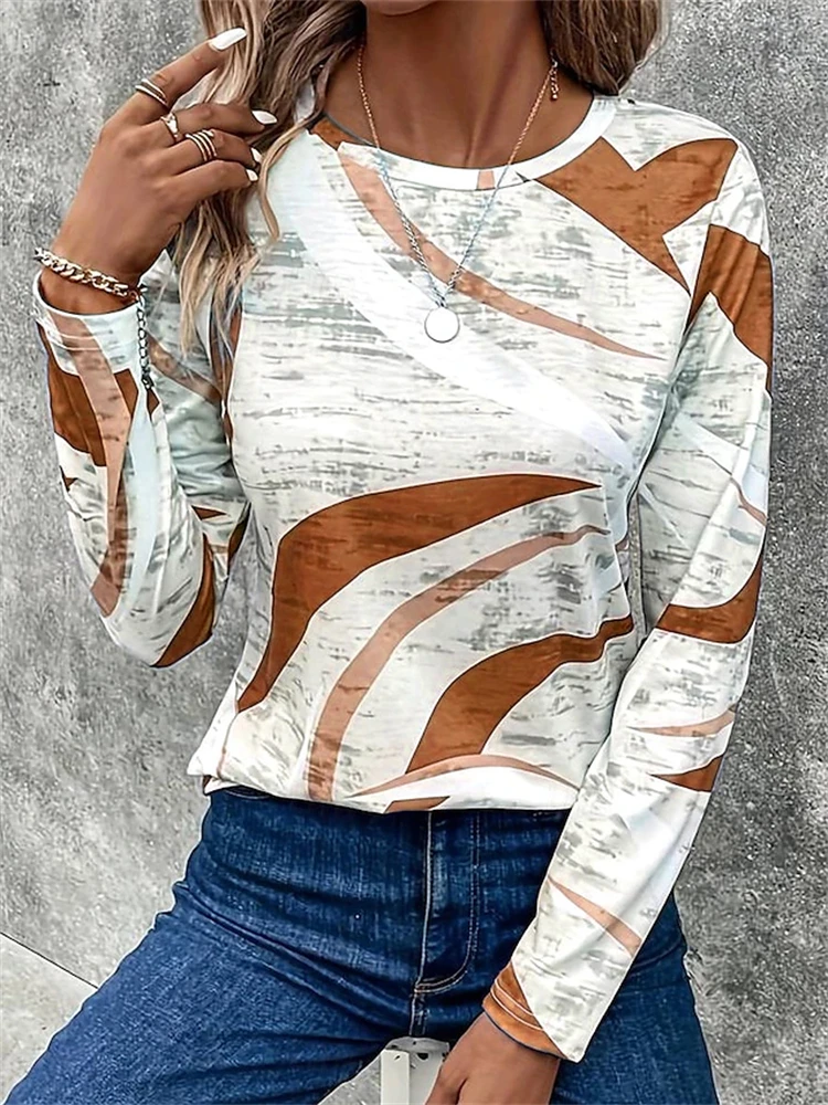 New Women's Autumn Long-Sleeve T-Shirt Minimalist Print Stylish Elegant Crew Neck Perfect for Commuting or Casual Streetwear