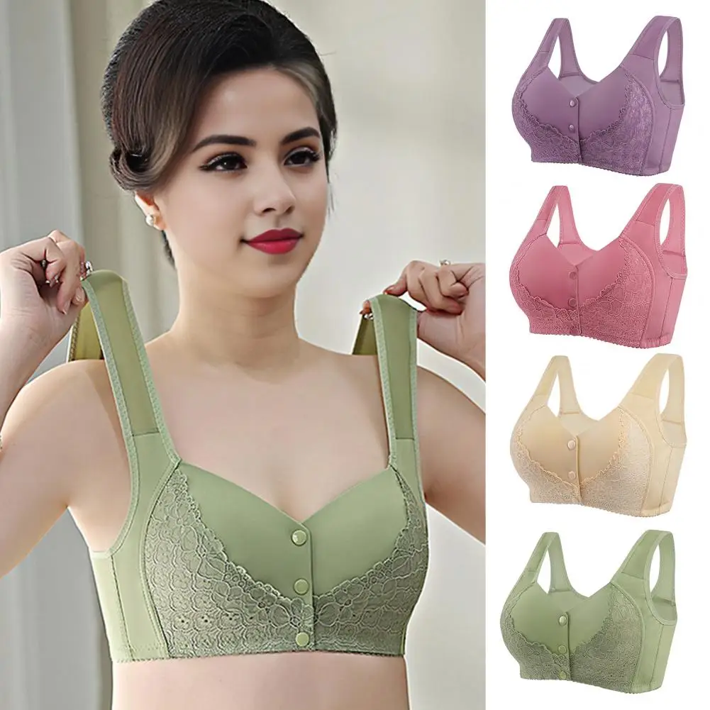 Mother Lace Bra Stylish Lace Front Button Closure Push-up Bra for Active Shockproof Anti-snagging Wide Shoulder Strap Design