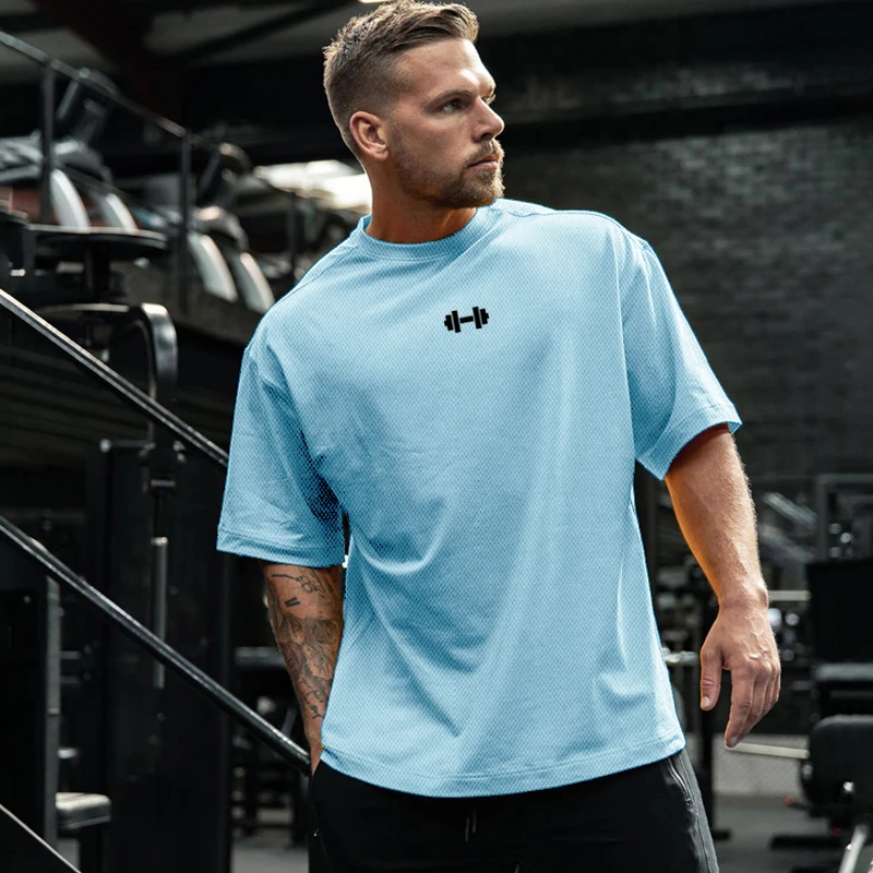 Oversized Loose Gym Clothing Mesh Quick Dry Bodybuilding Fitness Men Short Sleeve Barbell print Sport Streetwear Workout T-Shirt
