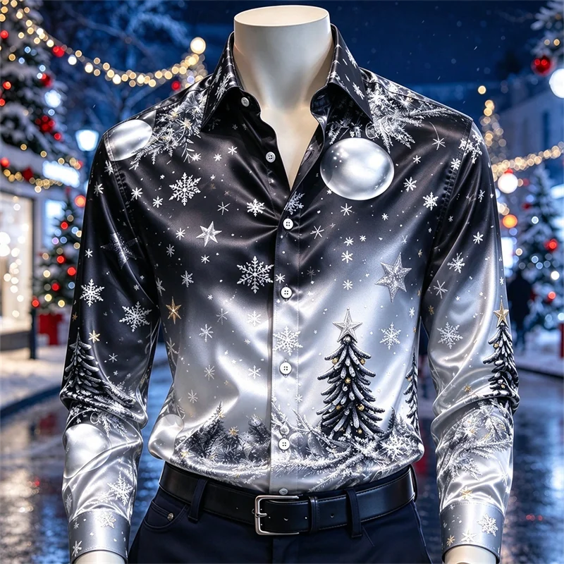 New men's shirt black silver Christmas ball silver tree snowflake star print slim fit trendy men's Christmas shirt