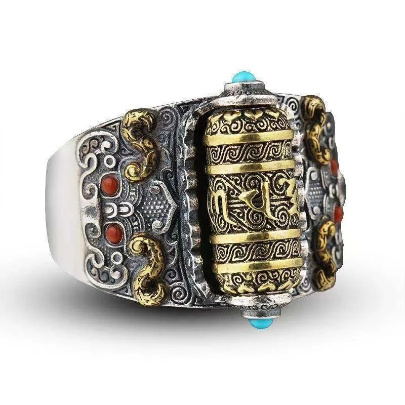 Vintage Spinner Six-Word Mantra Ring, Retro Buddhist Adjustable Open Band for Men Women