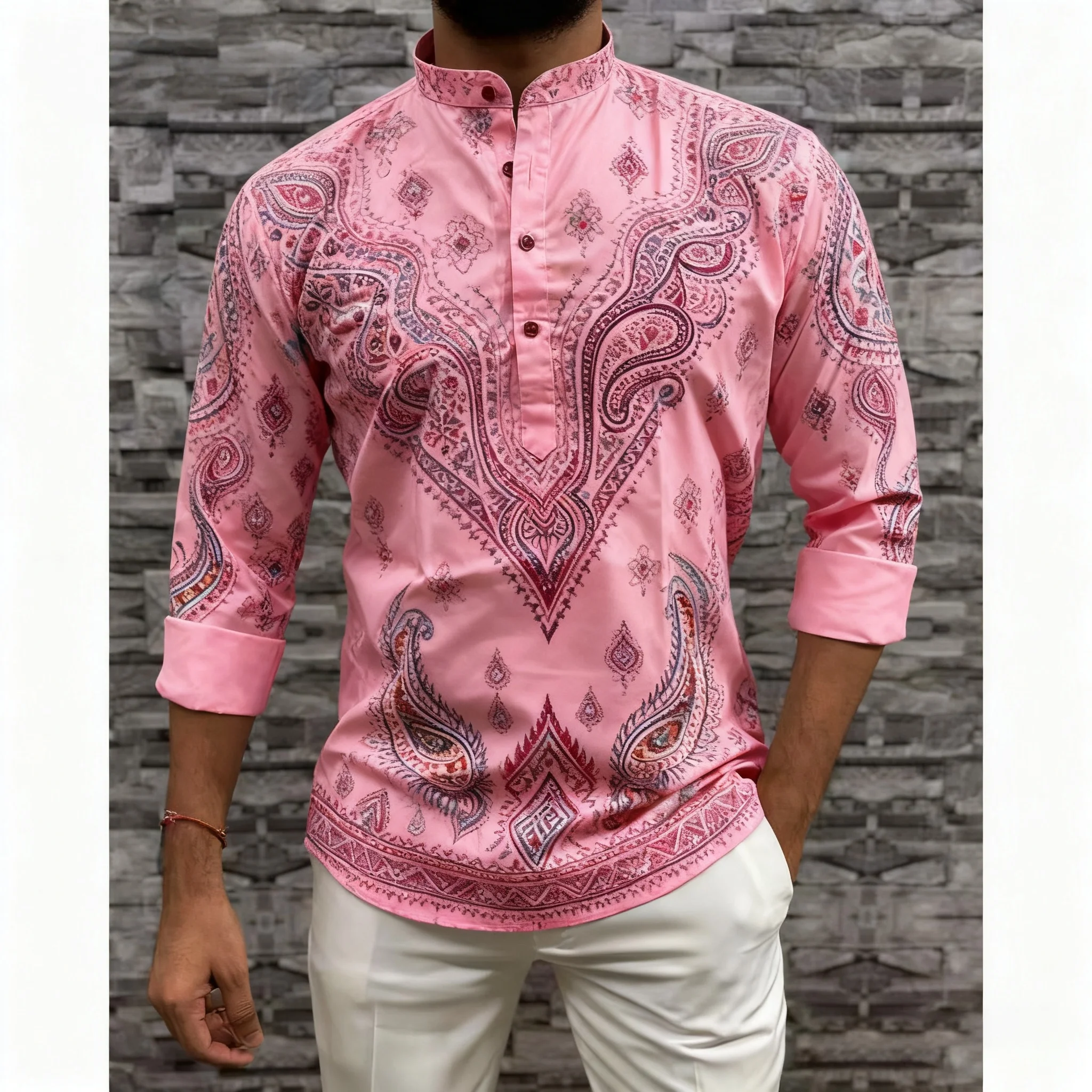 الرجال المسلمات الإسلامية العربية عباية طويلة الأكمام قميص العرقية طباعة الوقوف طوق الشباب 2026 معطف فاخر ملابس عصرية غير رسمية