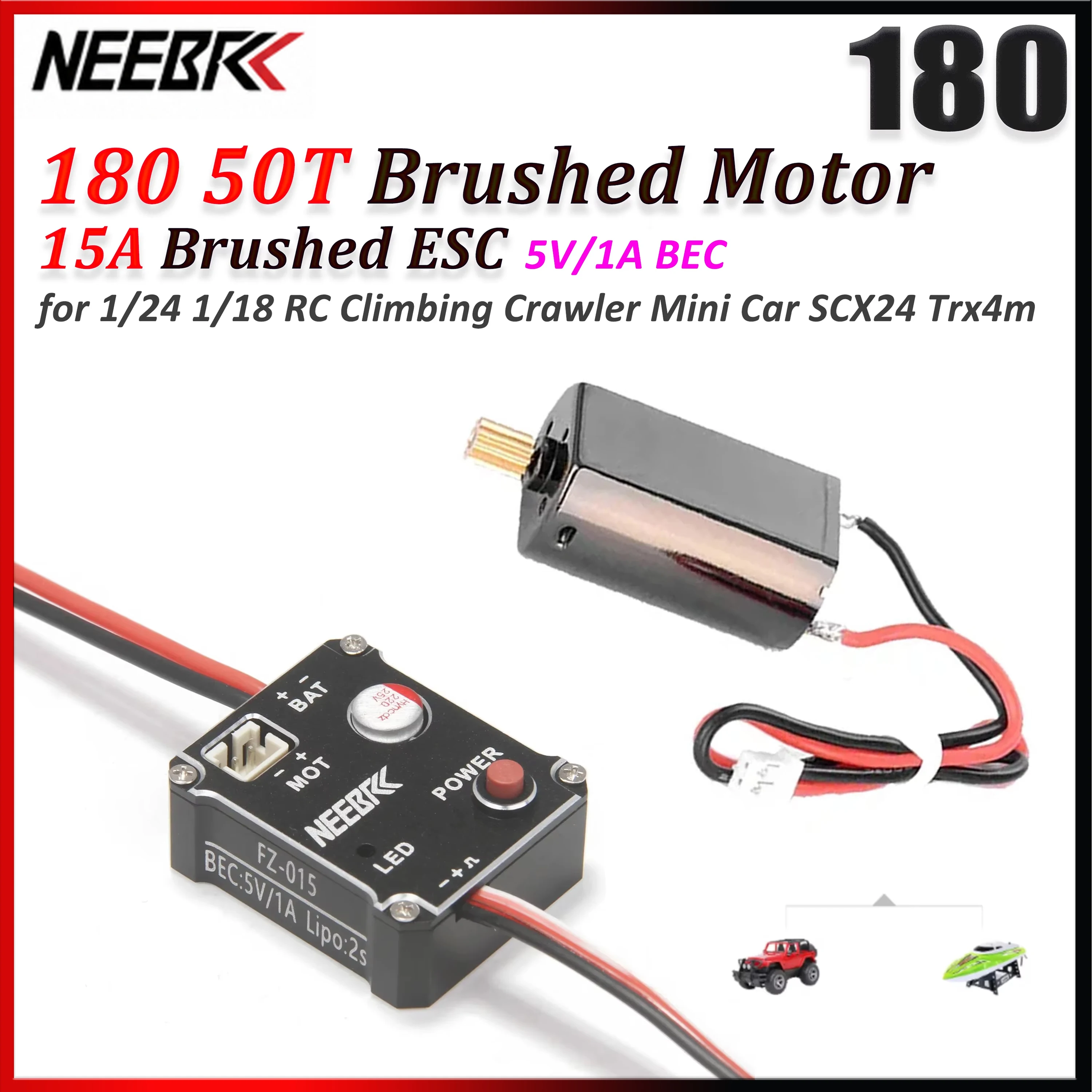 Motor con escobillas NEEBRC 180 50T y ESC con escobillas de 15A BEC para coches RC 1/24 1/18, Crawler de escalada SCX24 Trx4m FMS, pieza de modificación y mejora
