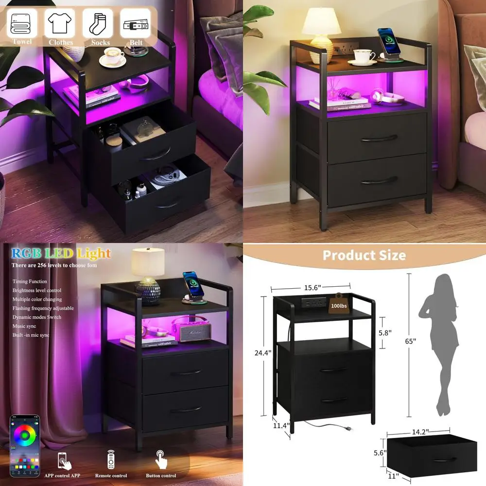 

Modern Charging Nightstand with 2 Shelves, Fabric Drawers, USB Ports, and AC Outlet, Black