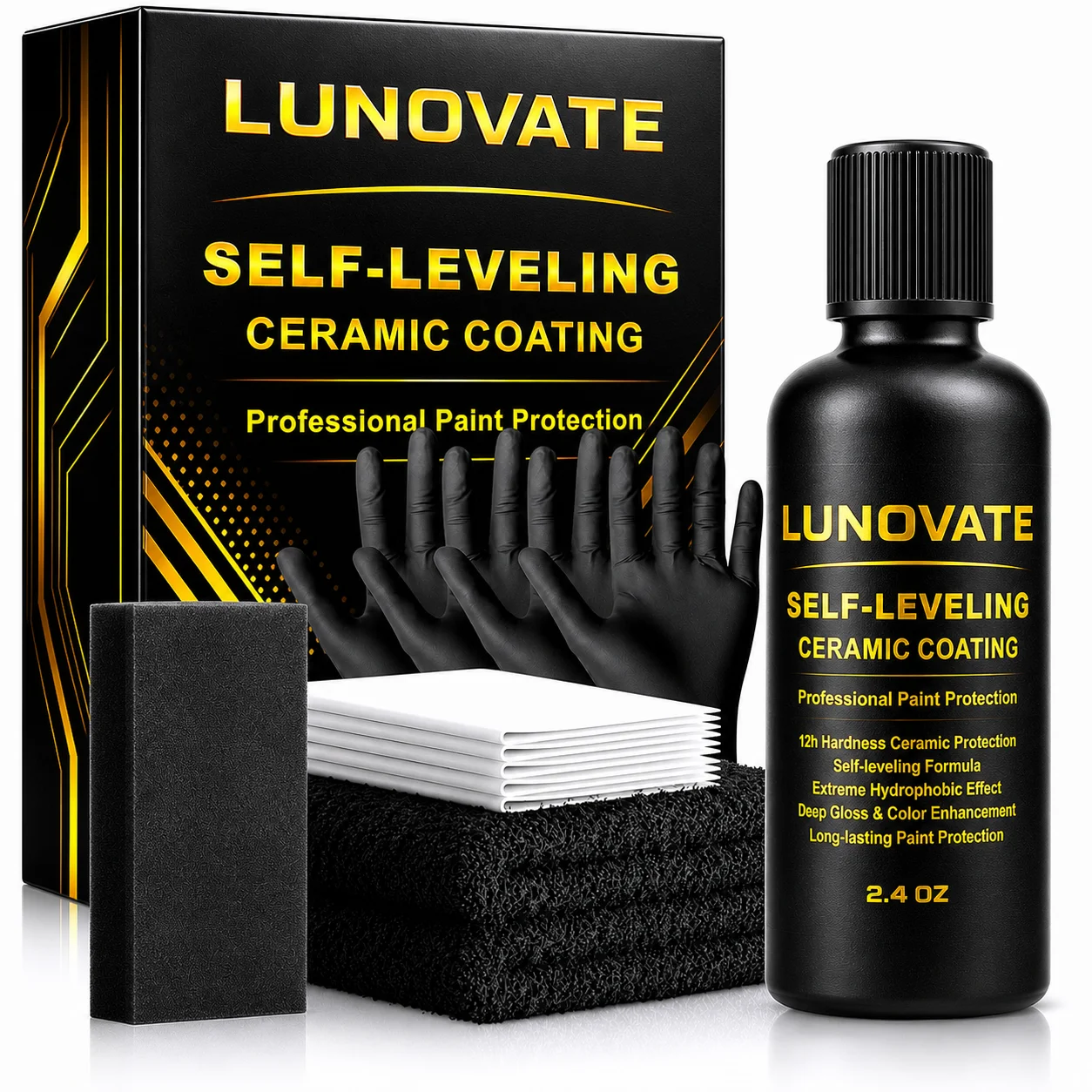 LUNOVATE Self-Leveling Ceramic Coating 2.4OZ – 12H Hardness, Hydrophobic, Gloss Enhancement Paint Protection