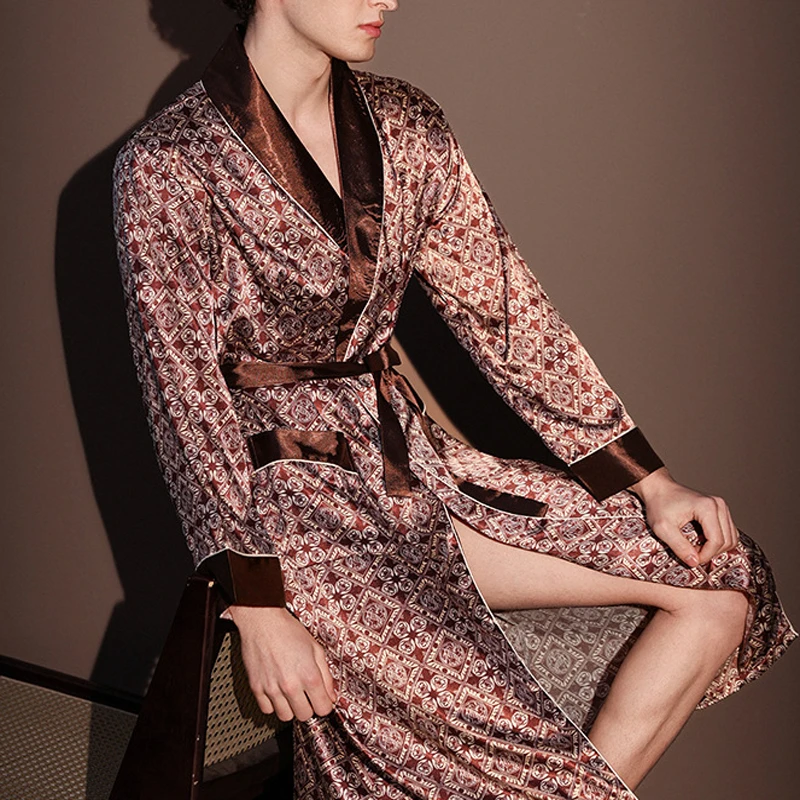 

Mens Robe Pajama Long Sleeve Kimono Bathrobe With Pocket Luxury Silky Satin Print Male Sleepwear Home Clothes Loose Loungewear