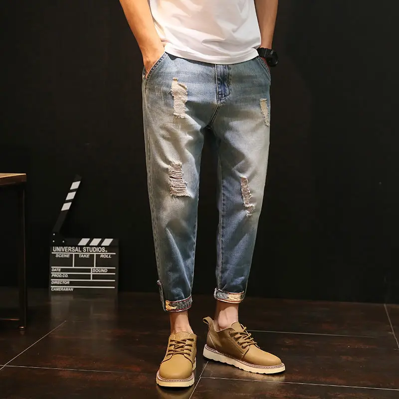 Mit Löchern, männliche Cowboy-Hose, konische Herren-Jeans, gebrochene Hose, zerrissen, normal, Trend 2025, Baumwolle, XS, neu in Grunge, Y2k, Kpop