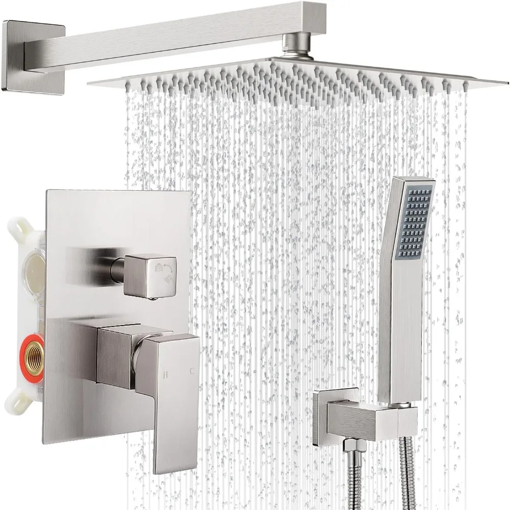 10 Inches Bathroom Rain Shower Combo Set Wall Mounted Rainfall Brushed Nickel Shower Head System Rough-in Valve Body