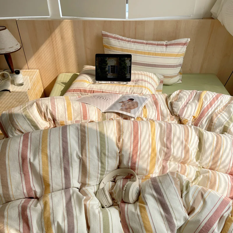 Nordic sling Cotton Stripe Pink Duvet Cover, Skin friendly Breathable Comforter Sets, Bedclothes for Master Bedroom