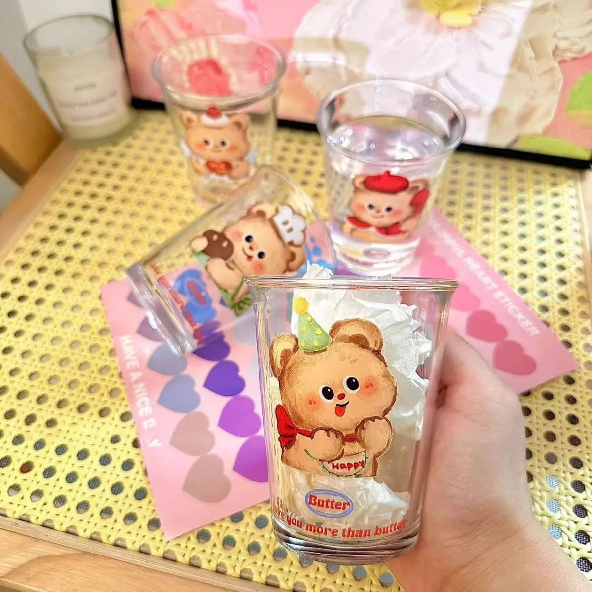 Новинка 2023 года, стильная милая серия High Beauty Butter Bear, стеклянная чашка с принтом, мультяшная домашняя чашка для кофе, завтрака, молока, 300 мл