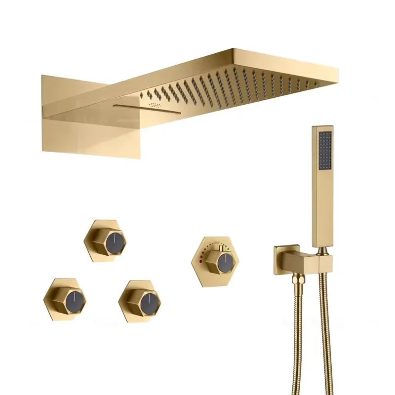 3 Functions Bathroom Shower Faucet Brush Gold 64 Color Wall Mounted Thermostatic Smart Shower Set With Music