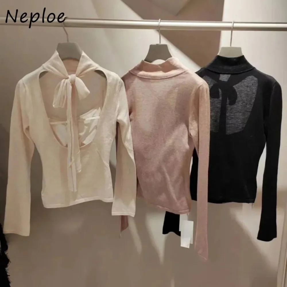 Neploe Sweet Soild Slim Fit Sling Sets Vest+Half-high Collar Long Sleeve Knit Backless Tops Japan Lace Up Elegant Moda Jumper