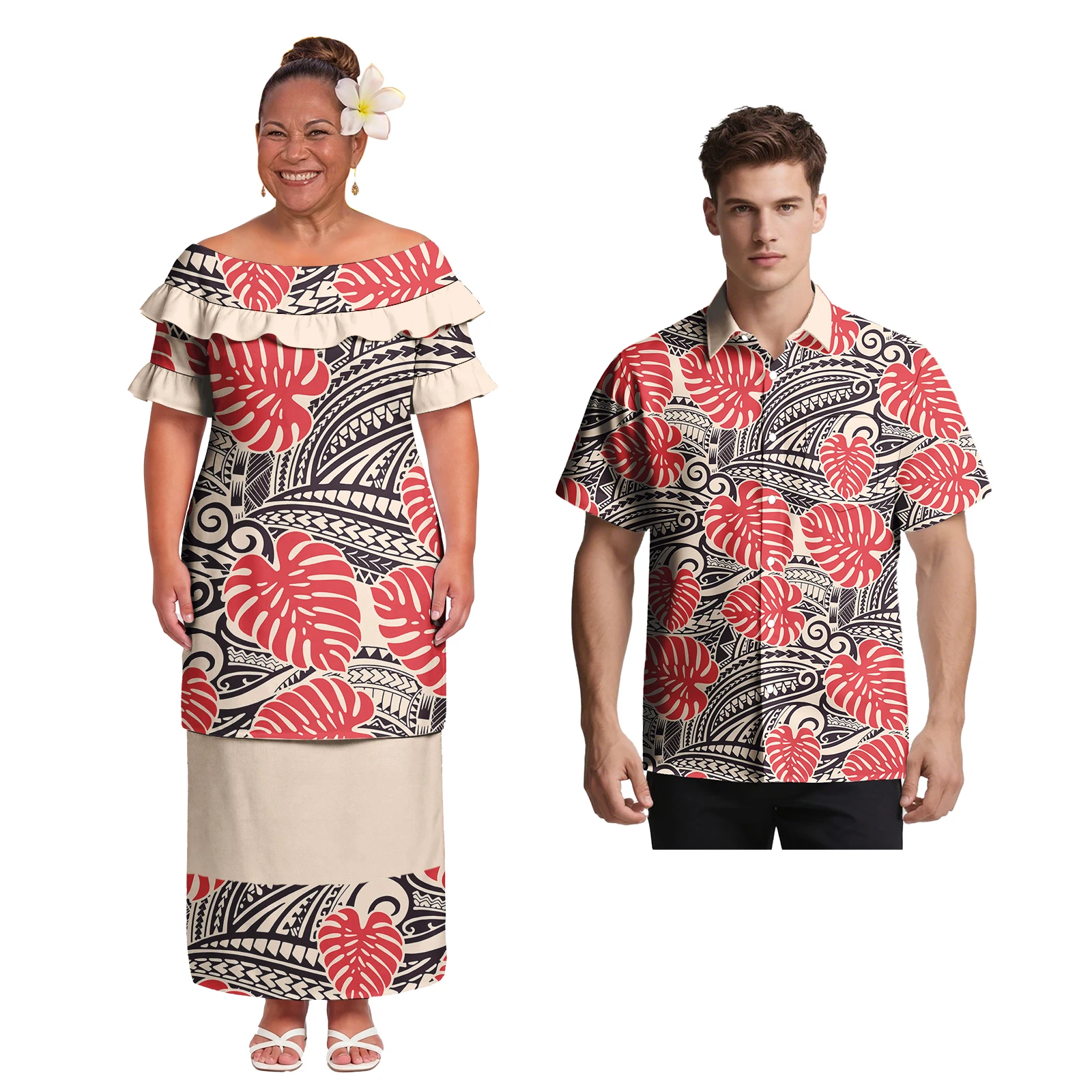 Hawaiian Men's Fashion Casual Shirts Samoan Women Church Puletasi Dress Polynesian Tribal Style Print Matching Couple Outfits