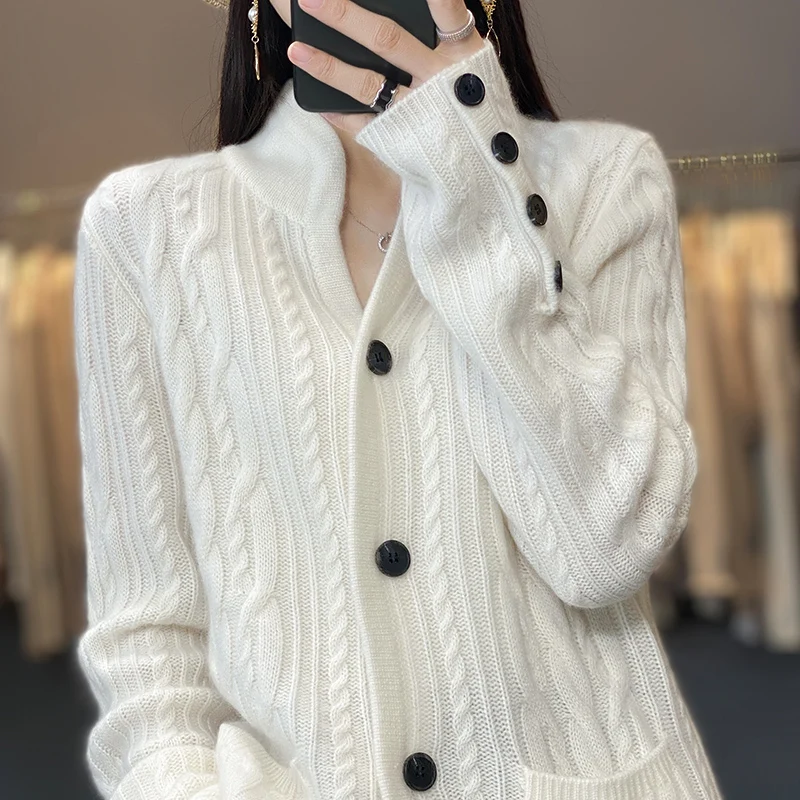 100%Cashmere Wool Sweater Women\'s New Stand Collar Cardigan Casual Knitted Tops European American Fashion High End Female Jacket