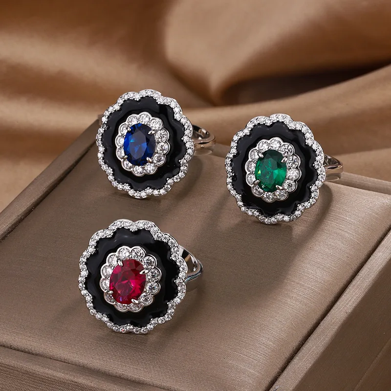 

Ring French Retro Sunflower Enamel Red Zircon Open Ring Women's Fashion Jewelry