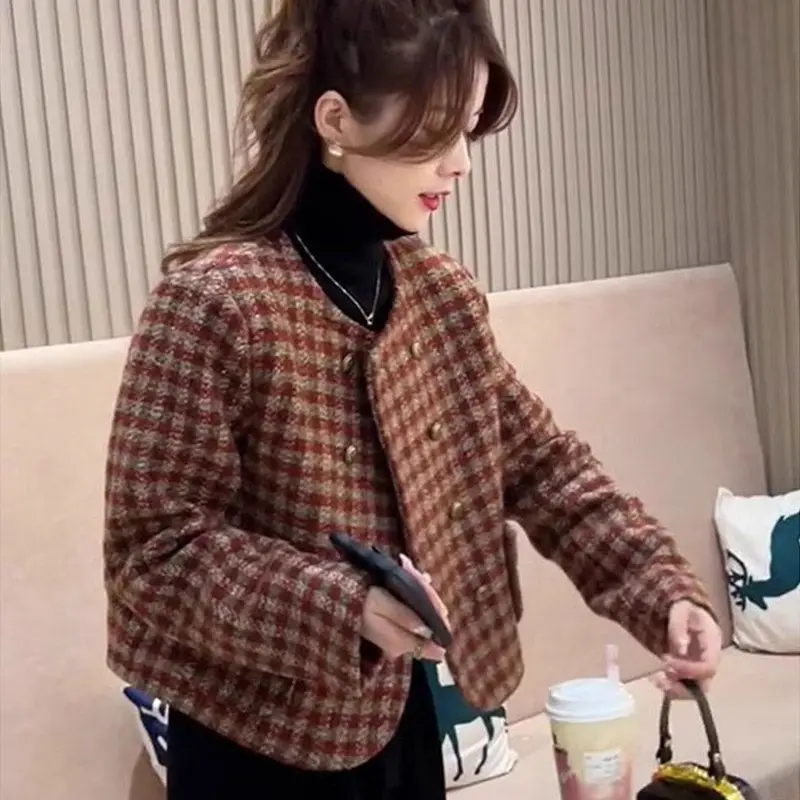 

A/W New Women's Tweed Coat French Inspired Checkerboard Pattern Version Cropped Jacket with Gold-Tone Buttons Office to Casual