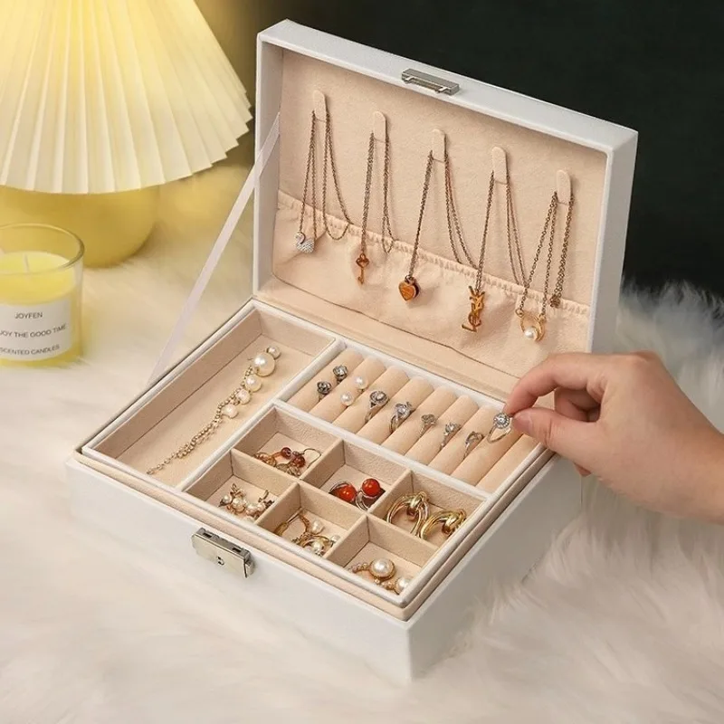 PU Leather Jewelry Box Double-layer Jewellery Box with Lock Dustproof Jewelry Boxes Portable Necklace Bracelet Display Case