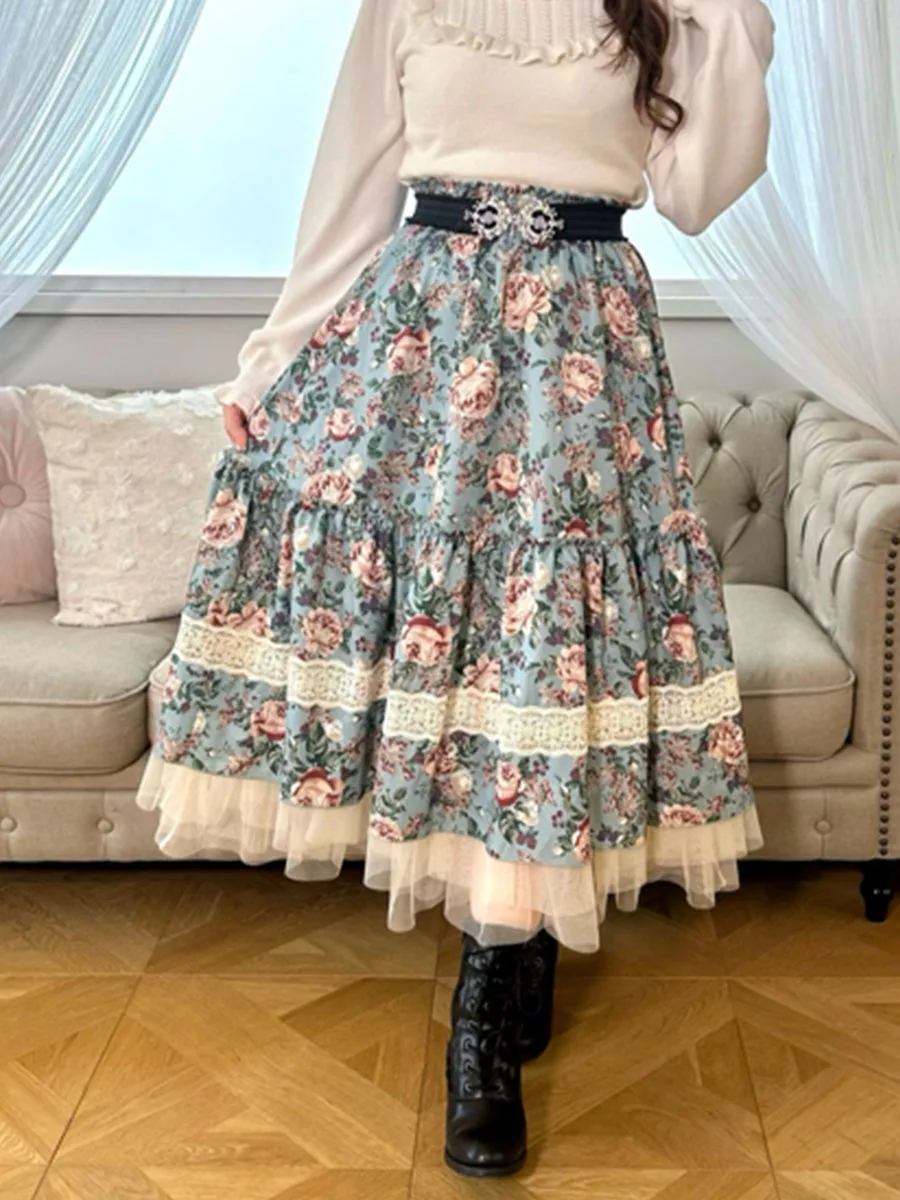 

Юбка миди с розовым принтом и кружевными вставками, плиссированная, А-силуэт, из полиэстера, со средней талией, для женщин