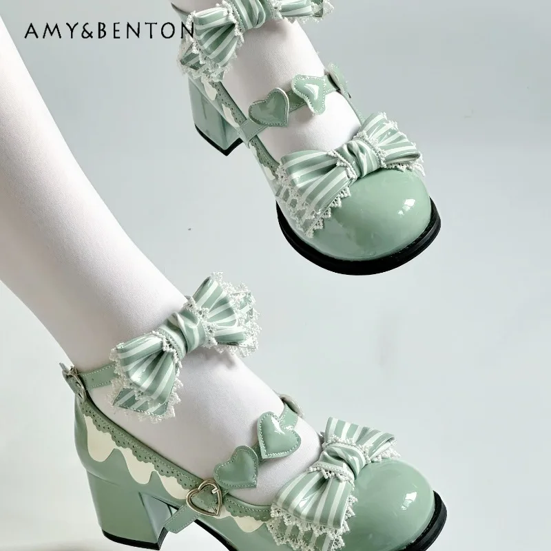 

Original Lolita Shoes for Women Cute Round-toed Mid-heel Mary Jane Shoes Sweet Versatile Striped Bow PU Single Shoes for Girls