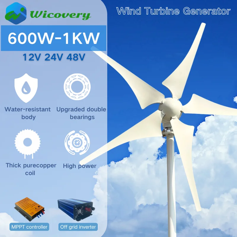 Factory Price 600W 800W 1000W New Energy Horizontal Wind Turbine Generator 12v 24v 48v Homeuse Windmill with MPPT Controller